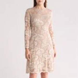 Marina Beige Lace Cocktail Dress With 3/4 Sleeve, Jewel-Neckline and Zipper Back